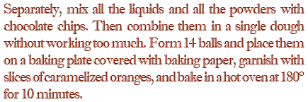 Separately, mix all the liquids and all the powders with chocolate chips. Then combine them in a single dough without working too much. Form 14 balls and place them on a baking plate covered with baking paper, garnish with slices of caramelized oranges, and bake in a hot oven at 180° for 10 minutes.