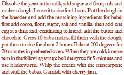 Dissolve the yeast in the milk, add sugar and flour, mix and make a dough. Leave it to rise for 1 hour. Put the dough in the kneader and add the remaining ingredients for babà: first add cocoa, flour, sugar, salt and vanilla, then add one egg at a time and, continuing to knead, add the butter and chocolate. Greas 10 baba molds, fill them with the dough, put them to rise for about 2 hours. Bake at 200 degrees for 20 minutes in preheated oven. When they are cold, imerse tem in the following syrup: boil the syruo fir 5 minutes and use it lukewarm. Whip the cream with the mascarpone and stuff the babas. Gamish with cherry jam.