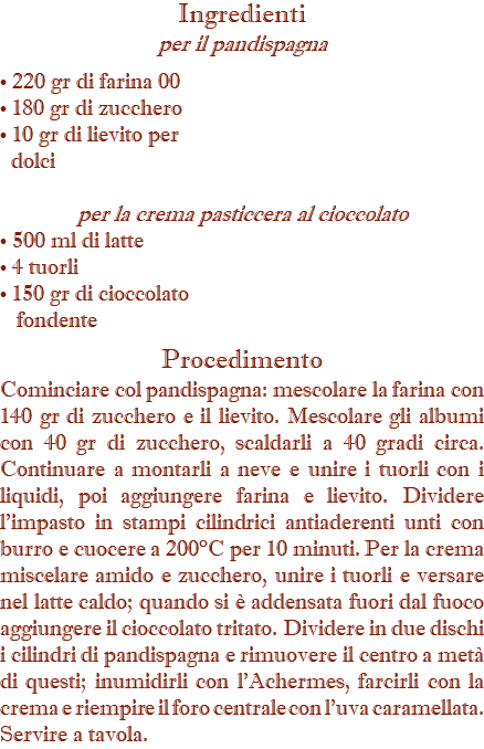 Ingredienti  per il pandispagna • 220 gr di farina 00 • 180 gr di zucchero • 10 gr di lievito per dolci per la crema pasticcera al cioccolato • 500 ml di latte • 4 tuorli • 150 gr di cioccolato   fondente Procedimento Cominciare col pandispagna: mescolare la farina con 140 gr di zucchero e il lievito. Mescolare gli albumi con 40 gr di zucchero, scaldarli a 40 gradi circa. Continuare a montarli a neve e unire i tuorli con i liquidi, poi aggiungere farina e lievito. Dividere l'impasto in stampi cilindrici antiaderenti unti con burro e cuocere a 200°C per 10 minuti. Per la crema miscelare amido e zucchero, unire i tuorli e versare nel latte caldo; quando si è addensata fuori dal fuoco aggiungere il cioccolato tritato. Dividere in due dischi i cilindri di pandispagna e rimuovere il centro a metà di questi; inumidirli con l'Achermes, farcirli con la crema e riempire il foro centrale con l'uva caramellata. Servire a tavola.