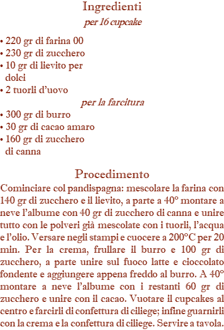 Ingredienti per 16 cupcake • 220 gr di farina 00 • 230 gr di zucchero • 10 gr di lievito per dolci • 2 tuorli d'uovo per la farcitura • 300 gr di burro • 30 gr di cacao amaro • 160 gr di zucchero di canna Procedimento Cominciare col pandispagna: mescolare la farina con 140 gr di zucchero e il lievito, a parte a 40° montare a neve l’albume con 40 gr di zucchero di canna e unire tutto con le polveri già mescolate con i tuorli, l’acqua e l’olio. Versare negli stampi e cuocere a 200°C per 20 min. Per la crema, frullare il burro e 100 gr di zucchero, a parte unire sul fuoco latte e cioccolato fondente e aggiungere appena freddo al burro. A 40° montare a neve l’albume con i restanti 60 gr di zucchero e unire con il cacao. Vuotare il cupcakes al centro e farcirli di confettura di ciliege; infine guarnirli con la crema e la confettura di ciliege. Servire a tavola.