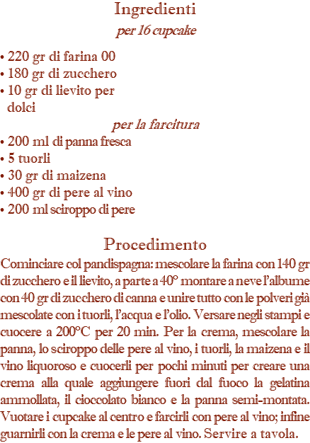 Ingredienti per 16 cupcake • 220 gr di farina 00 • 180 gr di zucchero • 10 gr di lievito per dolci per la farcitura • 200 ml di panna fresca • 5 tuorli • 30 gr di maizena • 400 gr di pere al vino • 200 ml sciroppo di pere Procedimento Cominciare col pandispagna: mescolare la farina con 140 gr di zucchero e il lievito, a parte a 40° montare a neve l’albume con 40 gr di zucchero di canna e unire tutto con le polveri già mescolate con i tuorli, l’acqua e l’olio. Versare negli stampi e cuocere a 200°C per 20 min. Per la crema, mescolare la panna, lo sciroppo delle pere al vino, i tuorli, la maizena e il vino liquoroso e cuocerli per pochi minuti per creare una crema alla quale aggiungere fuori dal fuoco la gelatina ammollata, il cioccolato bianco e la panna semi-montata. Vuotare i cupcake al centro e farcirli con pere al vino; infine guarnirli con la crema e le pere al vino. Servire a tavola.