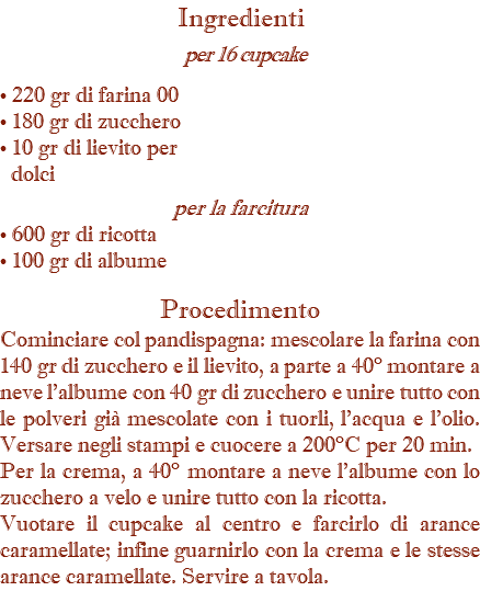 Ingredienti per 16 cupcake • 220 gr di farina 00 • 180 gr di zucchero • 10 gr di lievito per dolci per la farcitura • 600 gr di ricotta • 100 gr di albume Procedimento Cominciare col pandispagna: mescolare la farina con 140 gr di zucchero e il lievito, a parte a 40° montare a neve l'albume con 40 gr di zucchero e unire tutto con le polveri già mescolate con i tuorli, l'acqua e l'olio. Versare negli stampi e cuocere a 200°C per 20 min. Per la crema, a 40° montare a neve l'albume con lo zucchero a velo e unire tutto con la ricotta. Vuotare il cupcake al centro e farcirlo di arance caramellate; infine guarnirlo con la crema e le stesse arance caramellate. Servire a tavola.