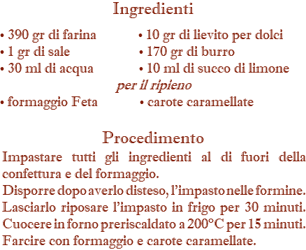 Ingredienti • 390 gr di farina • 10 gr di lievito per dolci • 1 gr di sale • 170 gr di burro • 30 ml di acqua • 10 ml di succo di limone per il ripieno • formaggio Feta • carote caramellate Procedimento Impastare tutti gli ingredienti al di fuori della confettura e del formaggio. Disporre dopo averlo disteso, l’impasto nelle formine. Lasciarlo riposare l'impasto in frigo per 30 minuti. Cuocere in forno preriscaldato a 200°C per 15 minuti. Farcire con formaggio e carote caramellate.