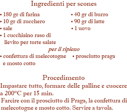 Ingredienti per scones • 180 gr di farina • 40 gr di burro • 10 gr di zucchero • 90 gr di latte • sale • 1 uovo • 1 cucchiaino raso di   lievito per torte salate per il ripieno • confettura di melecotogne • prosciutto praga e mosto cotto Procedimento Impastare tutto, formare delle palline e cuocere a 200°C per 15 min. Farcire con il prosciutto di Praga, la confettura di melecotogne e mosto cotto. Servire a tavola.