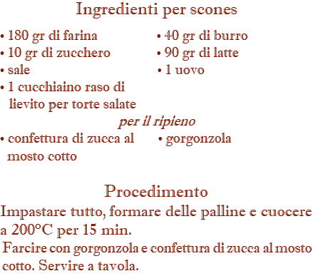 Ingredienti per scones • 180 gr di farina • 40 gr di burro • 10 gr di zucchero • 90 gr di latte • sale • 1 uovo • 1 cucchiaino raso di   lievito per torte salate per il ripieno • confettura di zucca al • gorgonzola mosto cotto Procedimento Impastare tutto, formare delle palline e cuocere a 200°C per 15 min. Farcire con gorgonzola e confettura di zucca al mosto cotto. Servire a tavola.