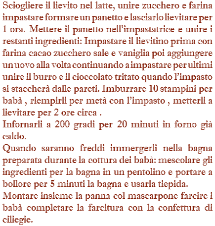 Sciogliere il lievito nel latte, unire zucchero e farina impastare formare un panetto e lasciarlo lievitare per 1 ora. Mettere il panetto nell'impastatrice e unire i restanti ingredienti: Impastare il lievitino prima con farina cacao zucchero sale e vaniglia poi aggiungere un uovo alla volta continuando a impastare per ultimi unire il burro e il cioccolato tritato quando l'impasto si staccherà dalle pareti. Imburrare 10 stampini per babà , riempirli per metà con l'impasto , metterli a lievitare per 2 ore circa . Infornarli a 200 gradi per 20 minuti in forno già caldo. Quando saranno freddi immergerli nella bagna preparata durante la cottura dei babà: mescolare gli ingredienti per la bagna in un pentolino e portare a bollore per 5 minuti la bagna e usarla tiepida. Montare insieme la panna col mascarpone farcire i babà completare la farcitura con la confettura di ciliegie.